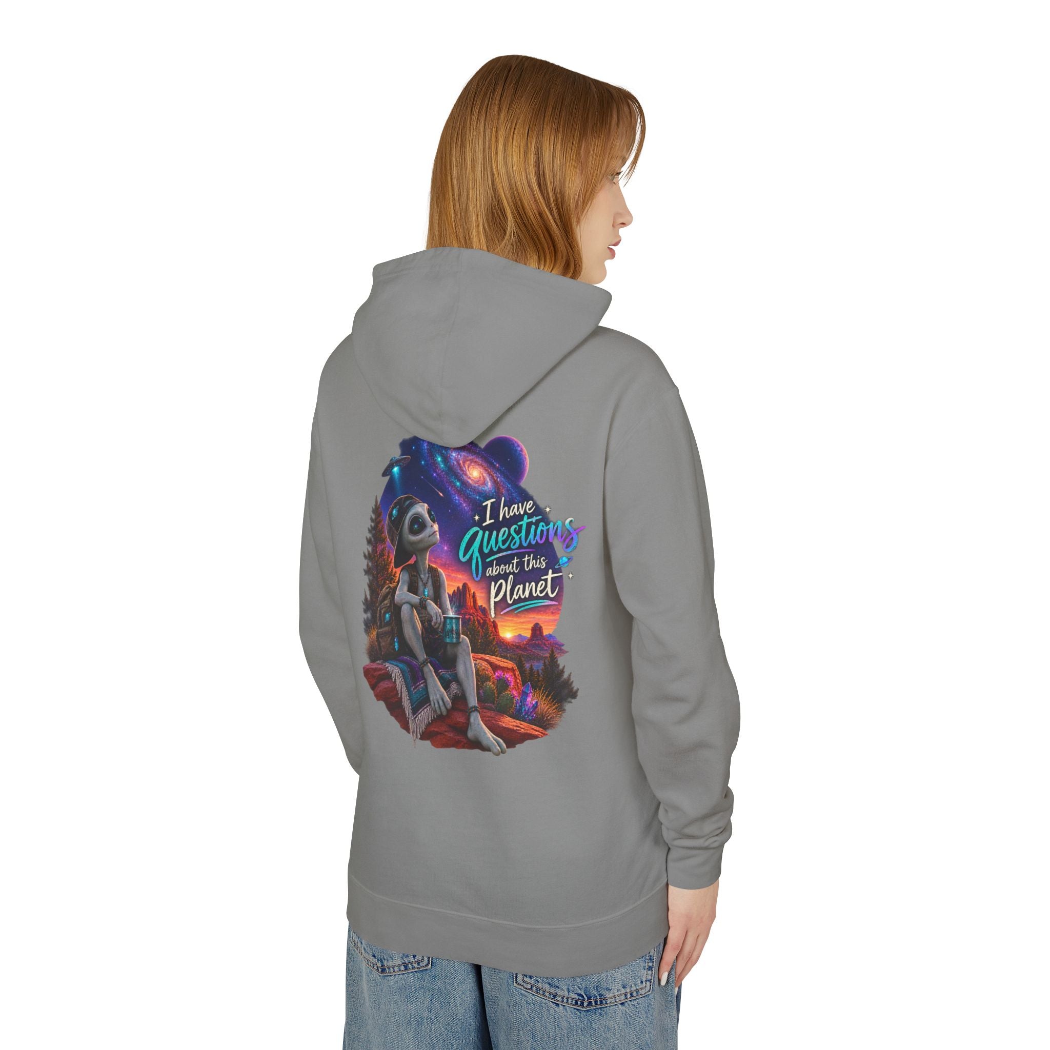 I Have Questions About This Planet – Cosmo Alien Lightweight Hoodie 👽🌎🛸