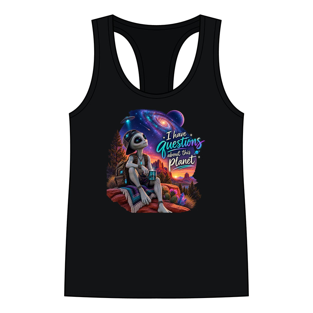 I Have Questions About This Planet – Cosmo Alien Racerback Tank Top.