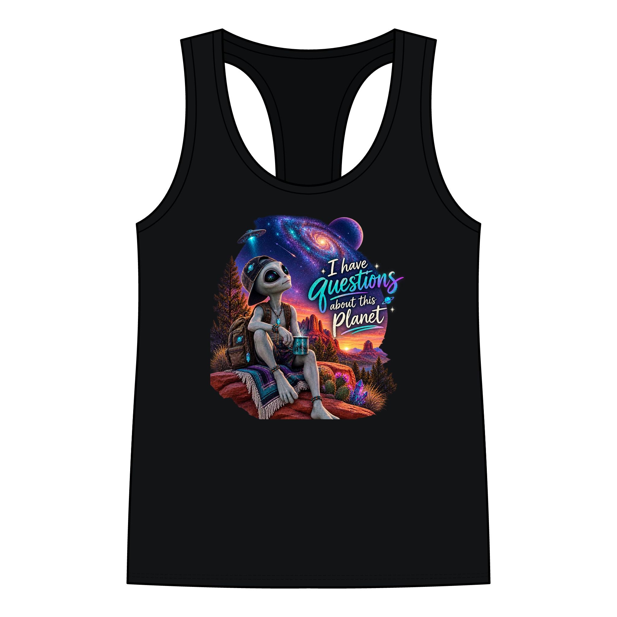 I Have Questions About This Planet – Cosmo Alien Racerback Tank Top.