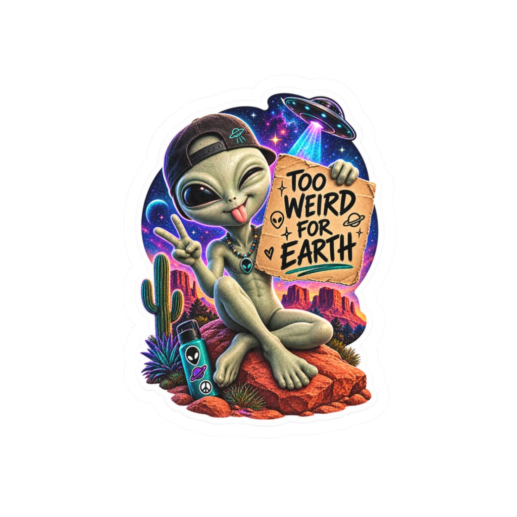 Too Weird for Earth – Funny Cosmo Alien Sticker