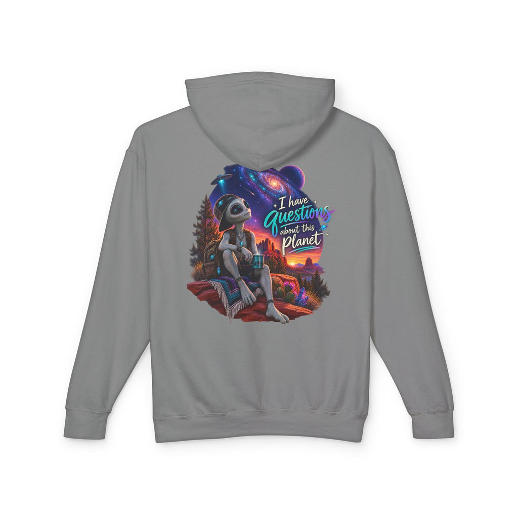 I Have Questions About This Planet – Cosmo Alien Lightweight Hoodie 👽🌎🛸